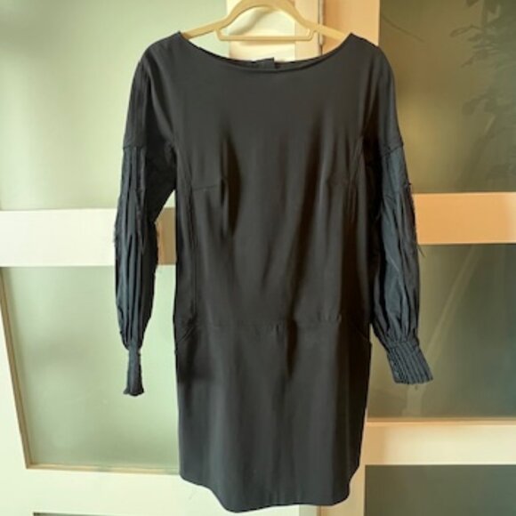 Black Dress with Pleated Sleeves and Fringe by French Designer Indies, Size 3 - Picture 1 of 7